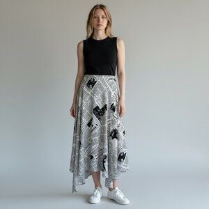 Vintage 90s Black and White Newsprint Midi Skirt Sharkbite Hem Artsy Large USA